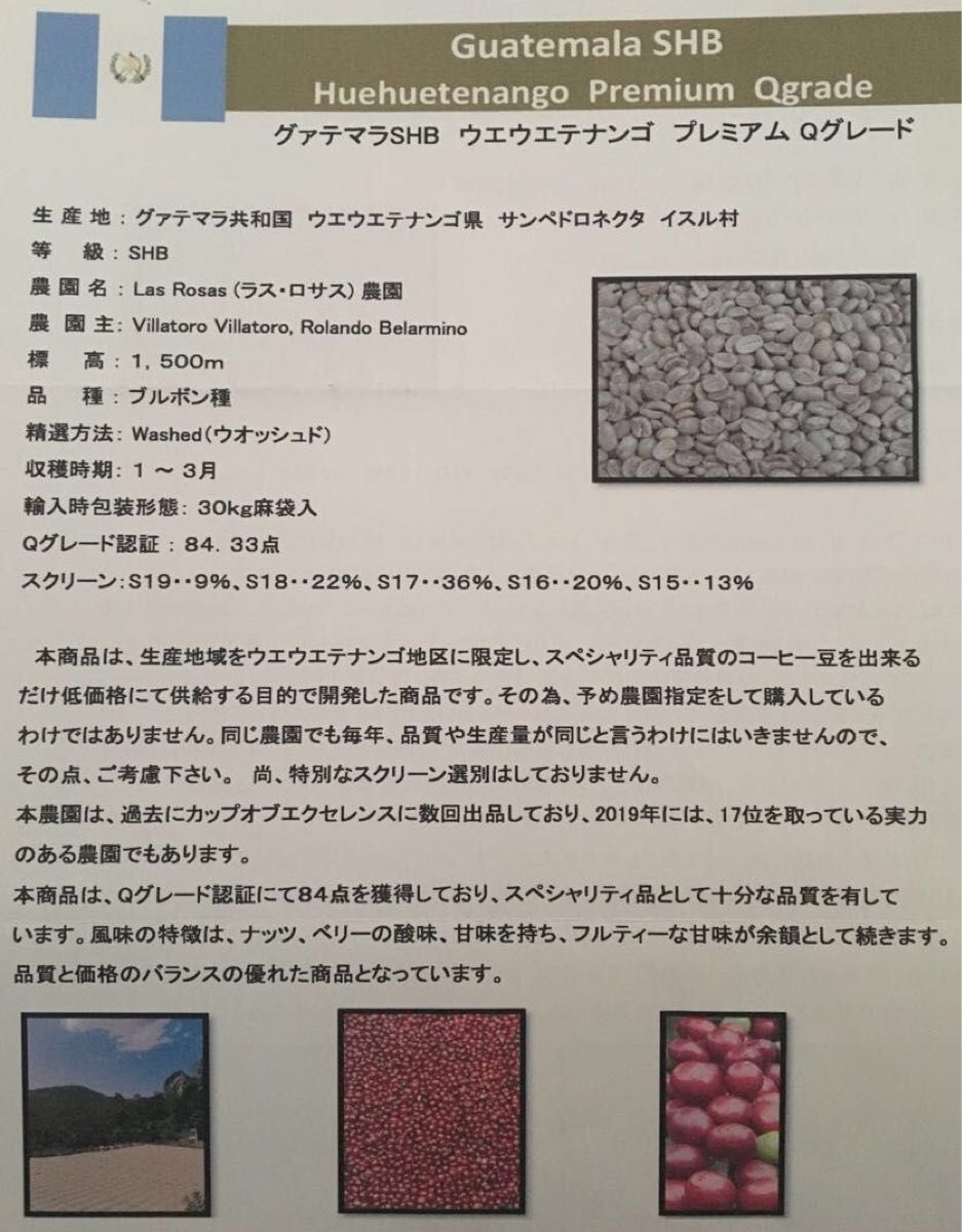 大容量900g こだわりコーヒー豆　グアテマラSHB ウエウエテナンゴ　中深煎り　自家焙煎珈琲　ウォッシュド　プレミアムQグレード