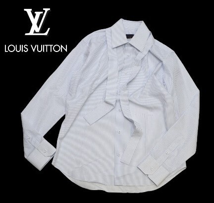 国内正規 Louis Vuitton タイ付き ストライプロゴ コットン長袖シャツ ルイヴィトン L/S ドレス SHIRT ピンスト ホワイト サックス L K-20の画像1