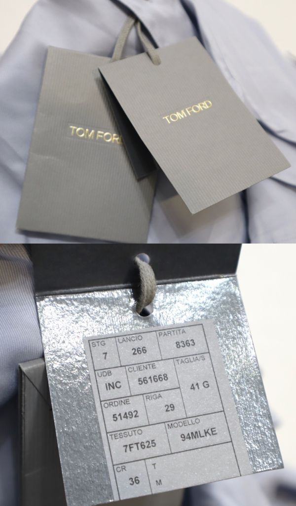 未使用 TOM FORD 94MLKE サファリシャツ トムフォード エポレット付き フラップポケット コットン長袖シャツ ブルーグレー系 41 E-23の画像9