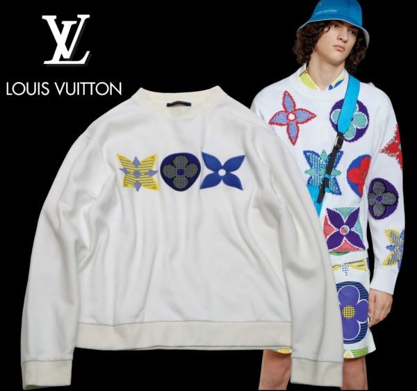 国内正規品 Louis Vuitton フラワー モノグラム エンブロイダリー クルーネック スウェット ルイヴィトン 刺ロゴ SWEAT ホワイトXL JK-23_※写真はイメージになります