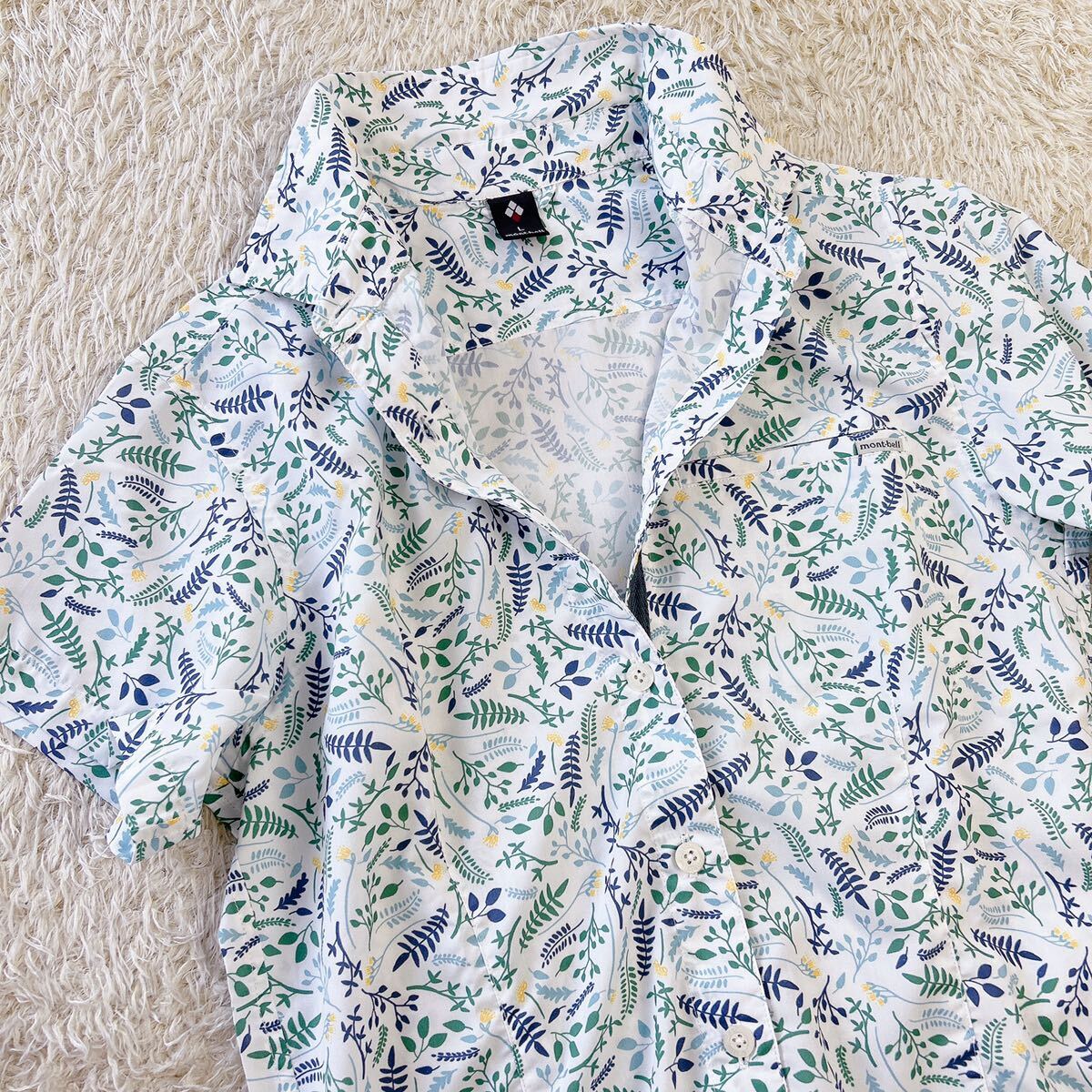 mont-bell/モンベル 美品 シングルポケット ショートスリーブシャツ Women's ボタニカル半袖シャツ ボタン 総柄 白 緑 レディースL の画像8