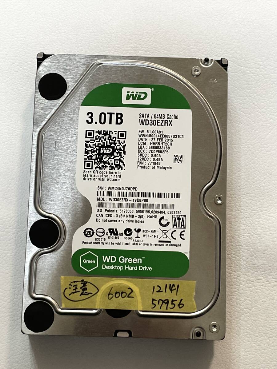 6002 中古 WD Green 3.5インチ HDD WD30EZRX 3.0TB SATA 64MB Cache 注意 判定の画像1