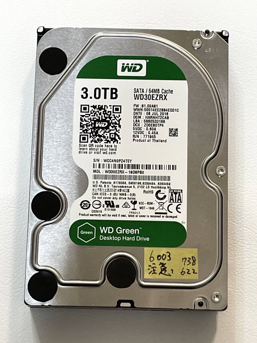 6003 中古 WD Green 3.5インチ HDD WD30EZRX 3.0TB SATA 64MB Cache 注意 判定の画像1