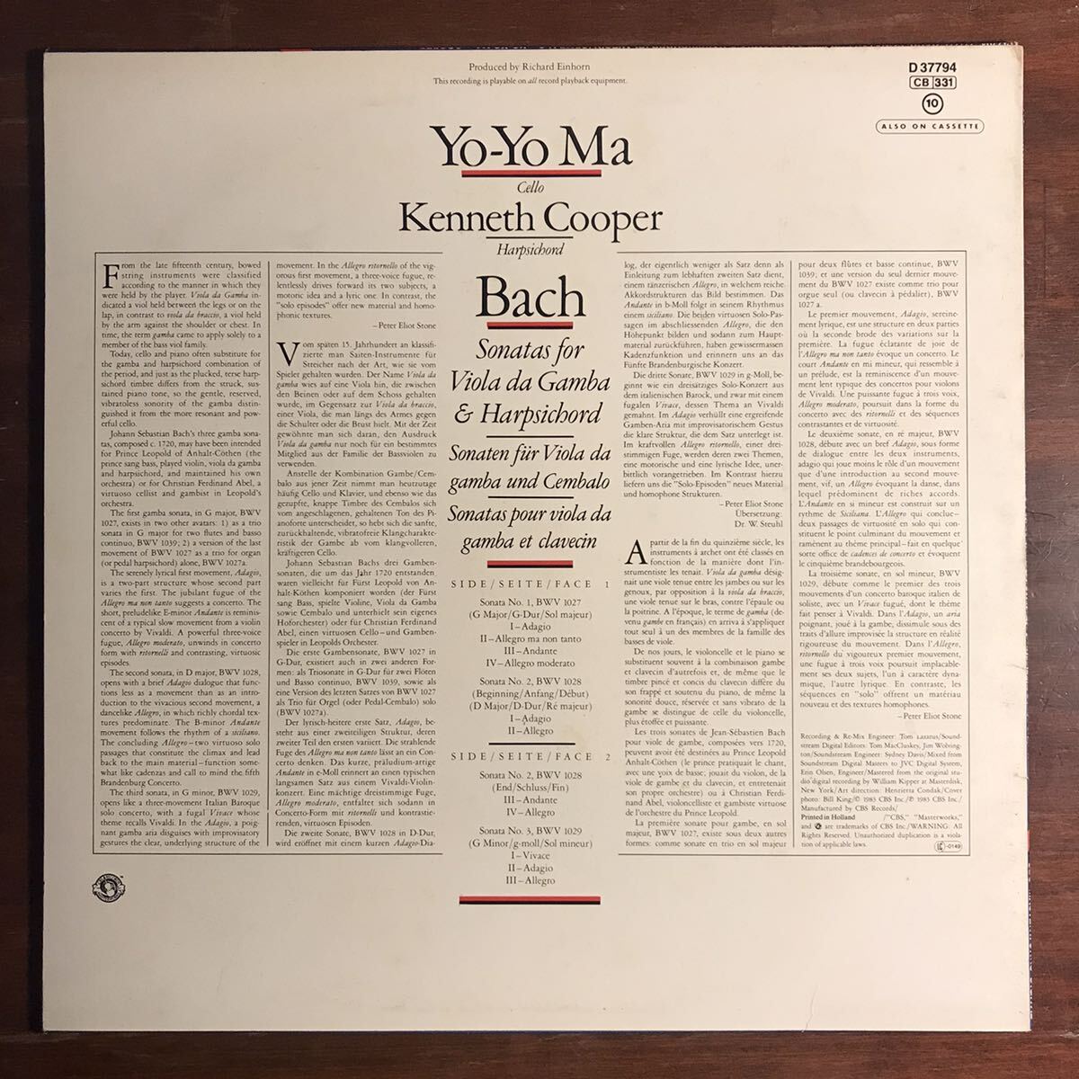 【美盤 蘭CBS LP】ヨーヨー・マ Yo-Yo Ma ケネス クーパー Kenneth Cooper／バッハ：ヴィオラ・ダ・ガンバとチェンバロのためのソナタ bachの画像2