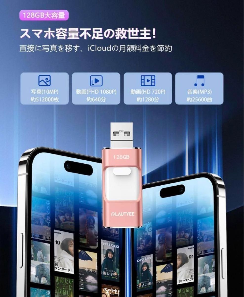 USBメモリ 128GB iPhone対応 タイプc バックアップ スライド式