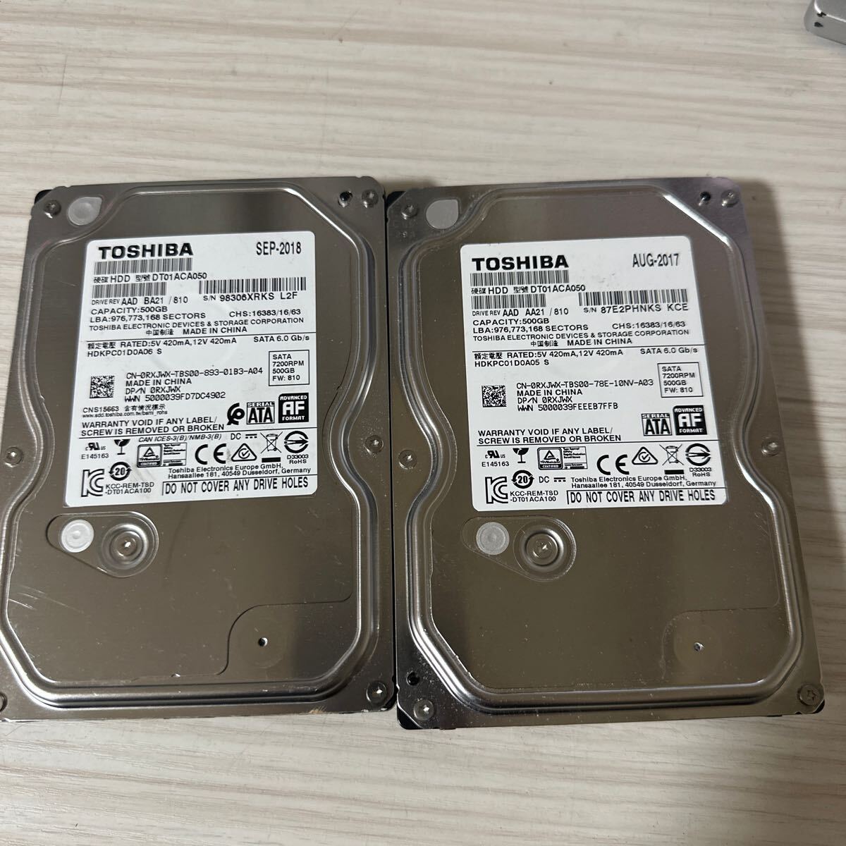 Q13/14(二枚セット):【動作保証/使用0時間 /AVコマンド対応】TOSHIBA DT01ACA050 3.5インチHDD 500GB SATAの画像1