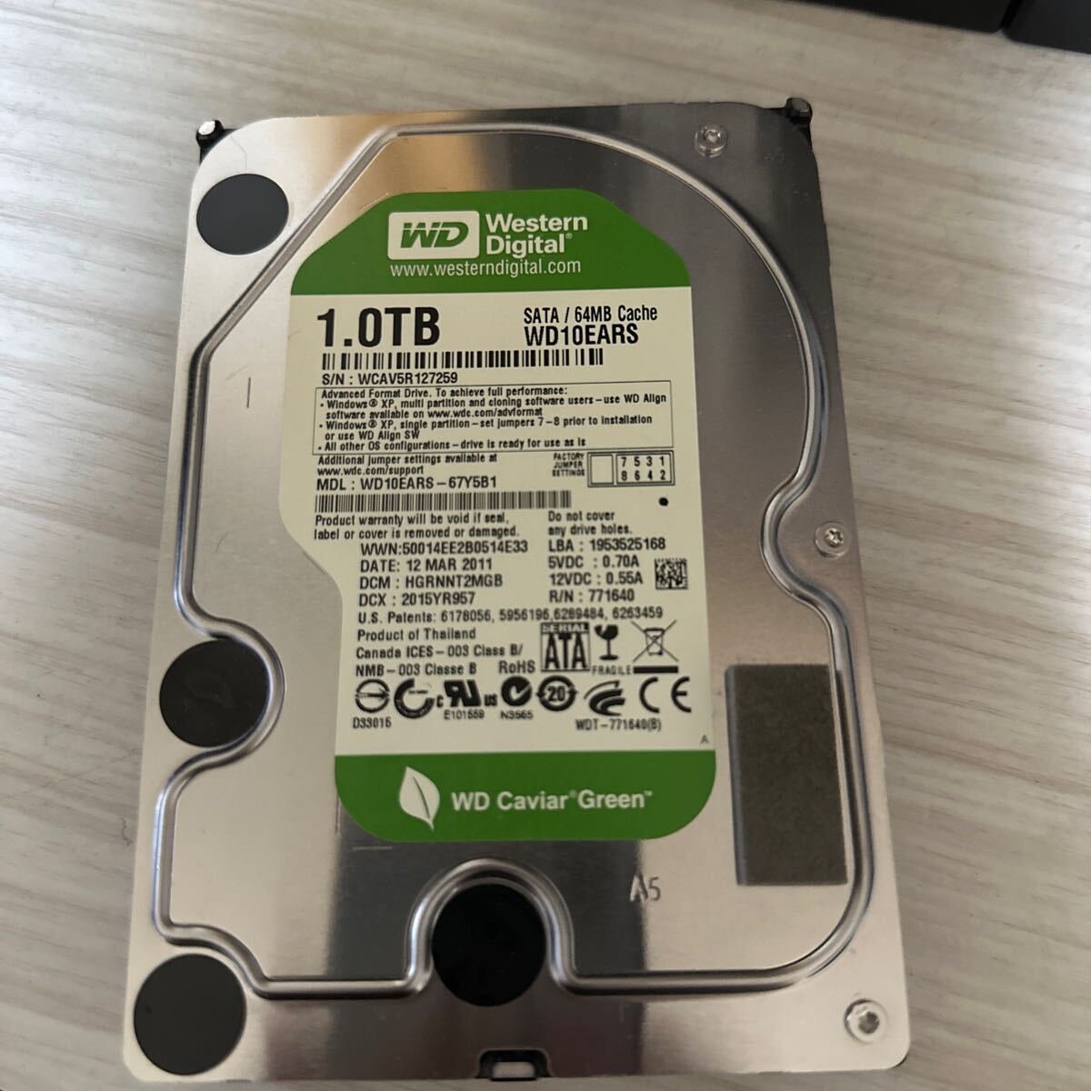 A31:◇動作保証/AVコマンド対応◆使用0時間 WDC SATA 3.5インチHDD SATA 1000GB 1TB WD10EARS-67Y5B1_画像1