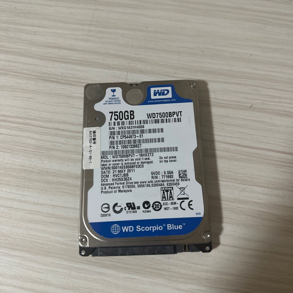 W49:【動作保証/使用0時間】WD 750GB HDD WD7500BPVT 2.5インチ 9.5mm厚 CrystalDiskInfo正常判定の画像1