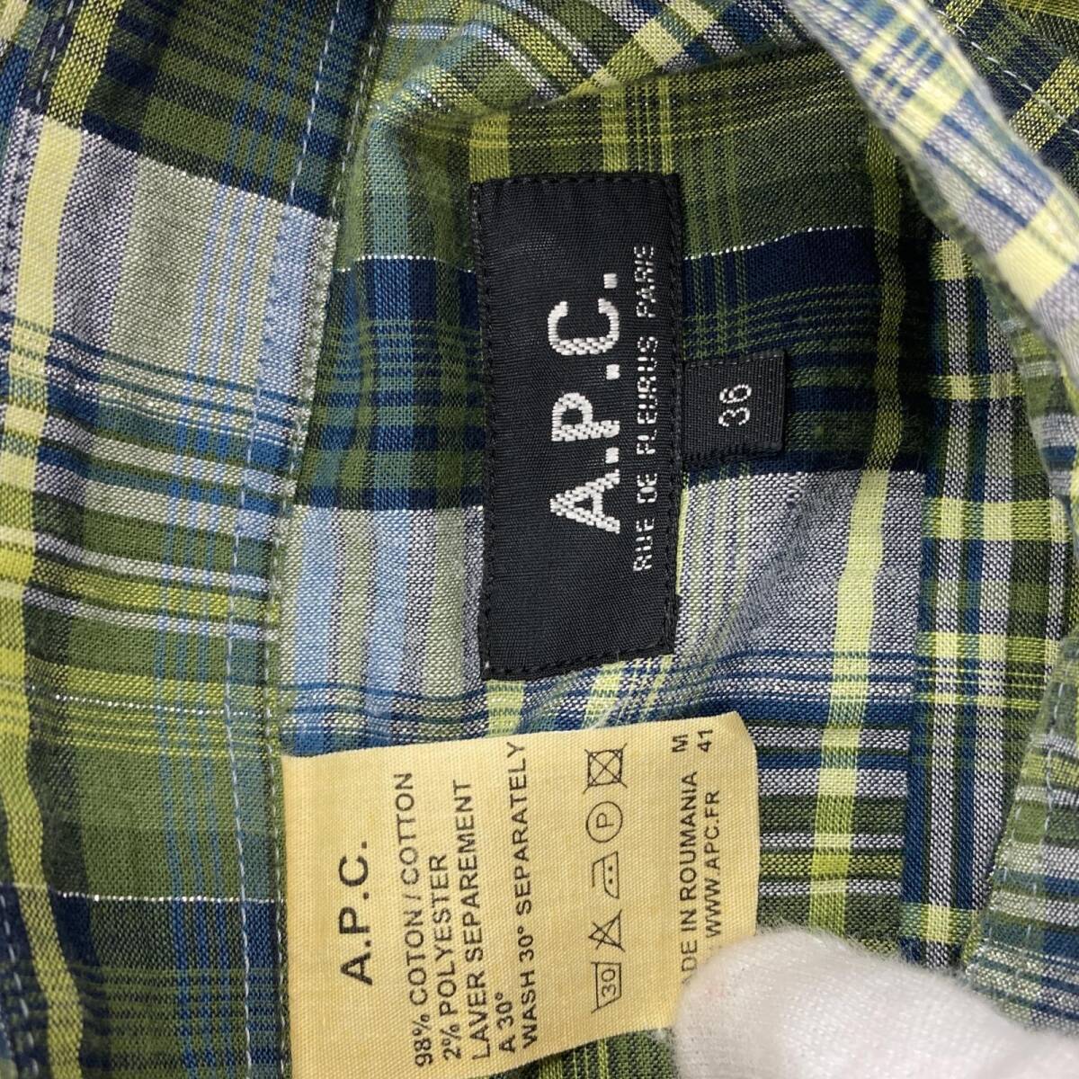 A.P.C.a-*pe-*se- check pattern long sleeve shirt size36/ green series lady's 