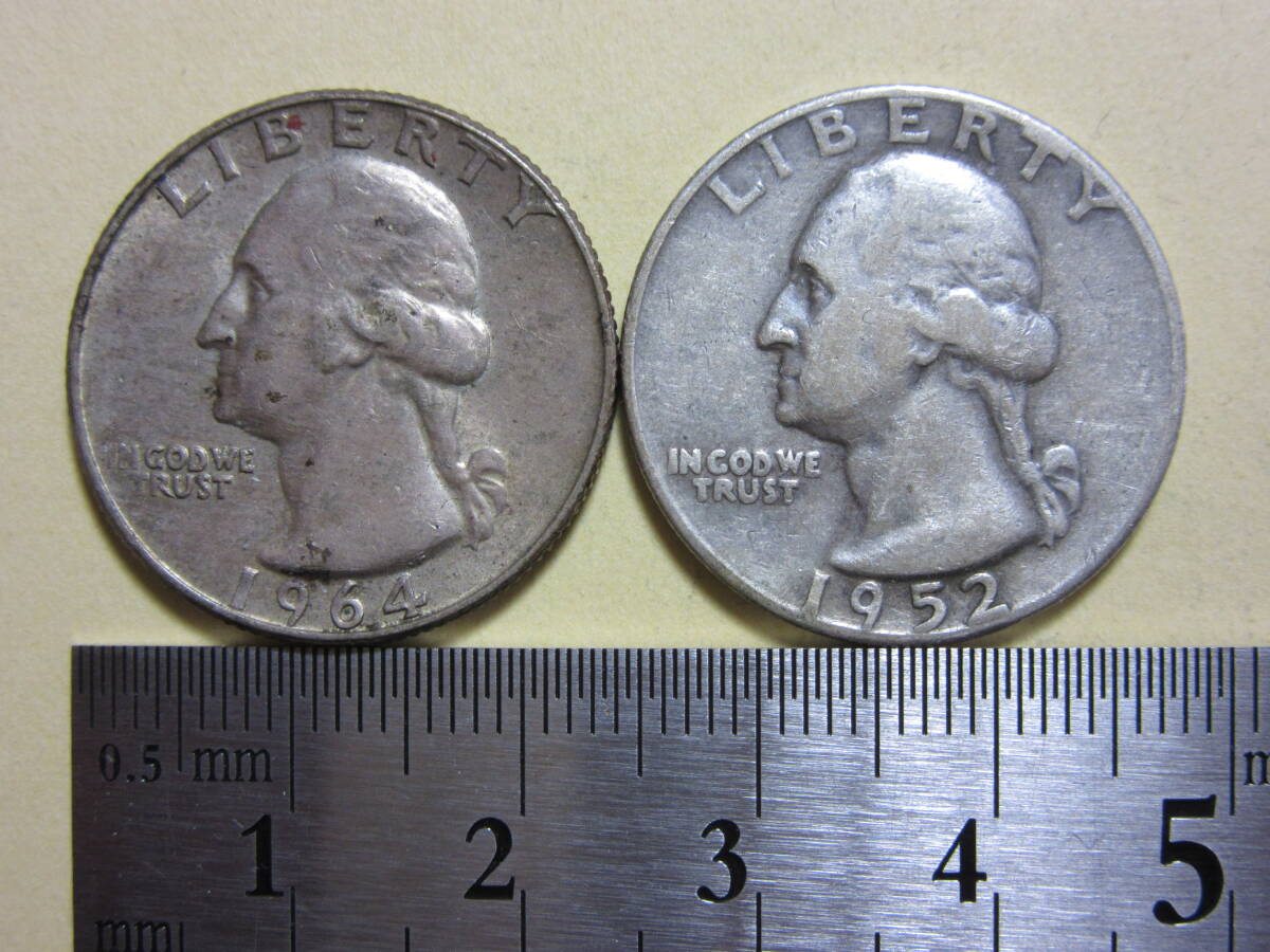 ５、アメリカ　QUARTER　DOLLAR銀貨　１９５２・６４年　２枚　１２，４３ｇ_画像1
