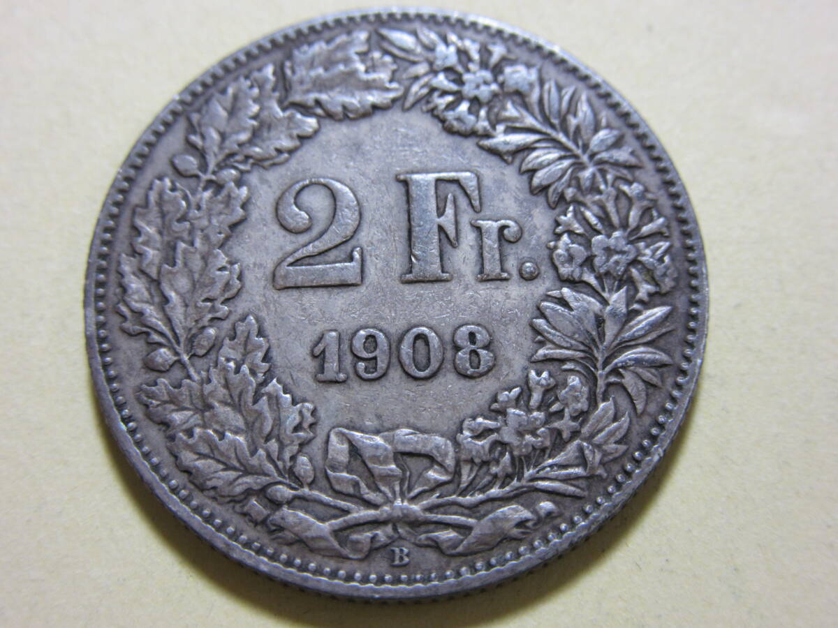 １５、スイス ２Fr銀貨 １９０８年 ９，９６ｇの画像3