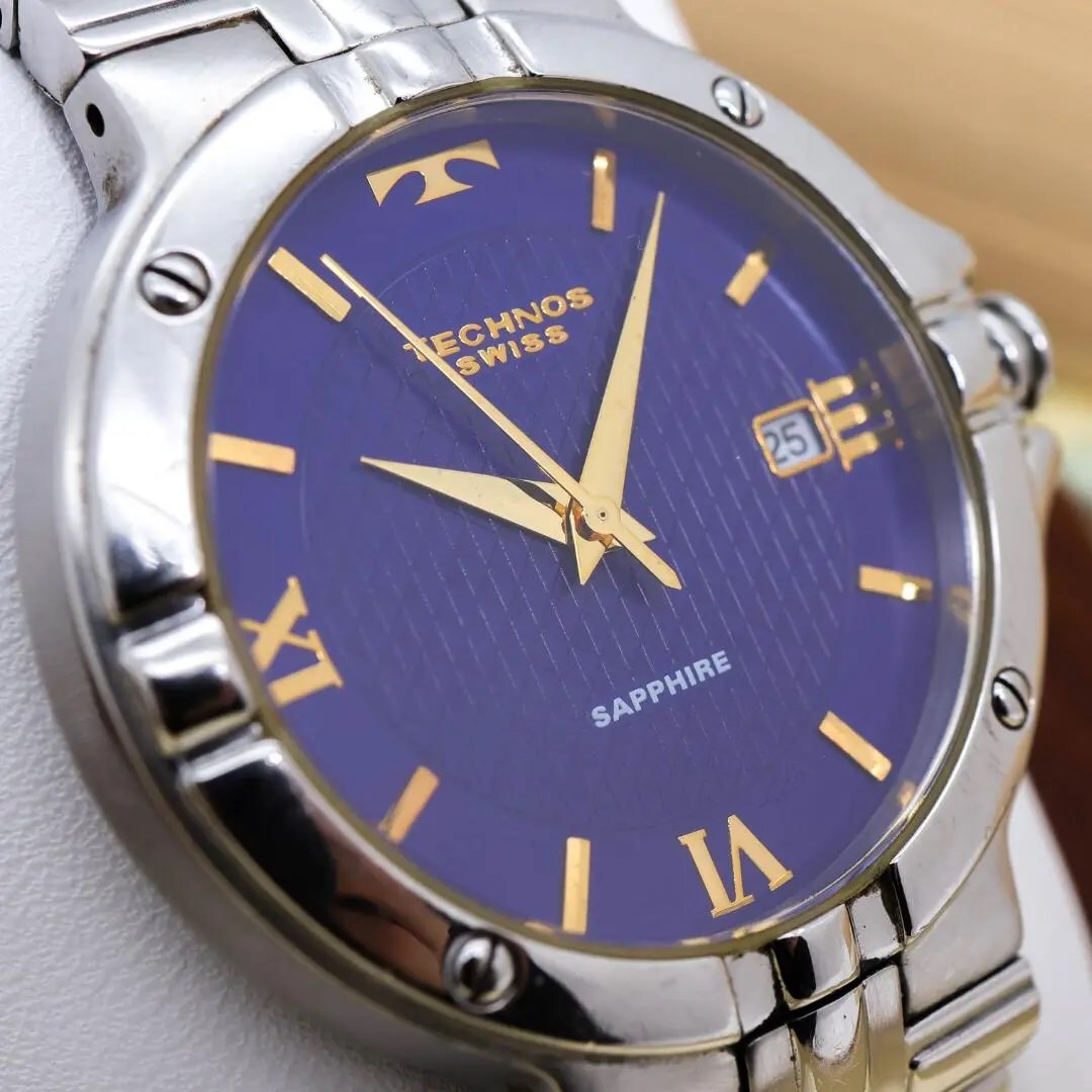 《美品》 TECHNOS 腕時計 ブルー サファイア メンズ QZ ラウンド h