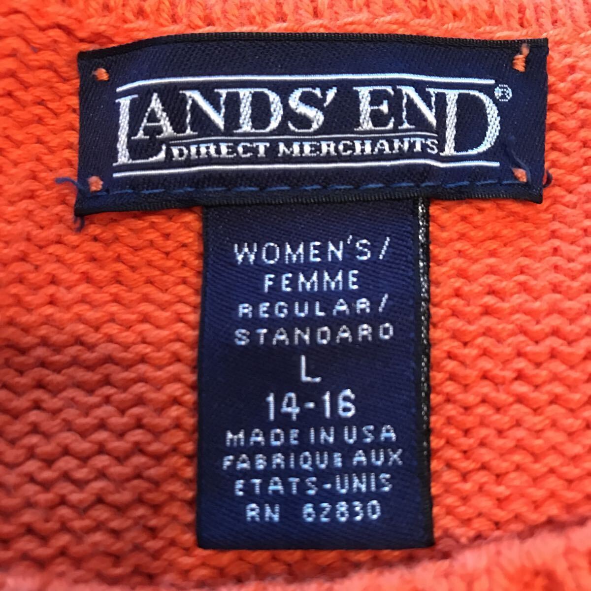 90s LANDS' END オレンジ ランズエンド ビンテージ USA製 ドリフターセーター コットンニット ニット 無地 クルーネック レアカラー Lの画像4