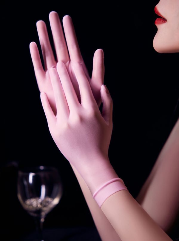新素材 超光沢 ピンク 薄手 五本指 手袋 指先から腕までぴったり シームレスストッキング 素材のgrove着脱 スムーズ手袋 シースルー ロングの画像3