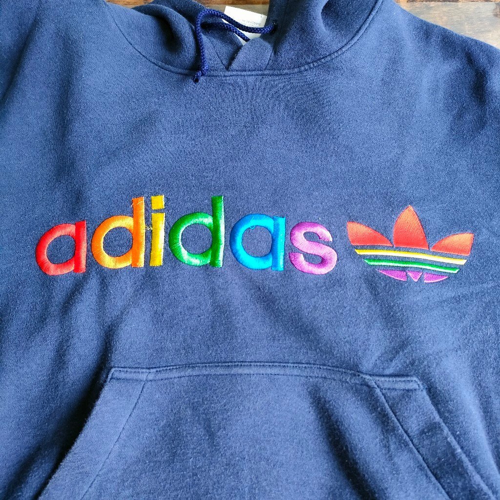  Vintage 80*s adidas Adidas Logo Parker f-ti- sweatshirt navy O size Rainbow Logo Descente made embroidery digjunkmar