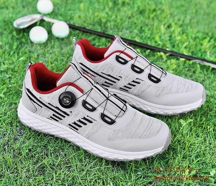 高級品 メンズ ゴルフシューズ 新品 ダイヤル式 運動靴 4E 幅広い Golf shoes スポーツシューズ フィット感 軽量 防滑 弾力性グレー 26.5cmの画像2