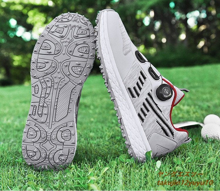 高級品 メンズ ゴルフシューズ 新品 ダイヤル式 運動靴 4E 幅広い Golf shoes スポーツシューズ フィット感 軽量 防滑 弾力性グレー 26.5cmの画像3