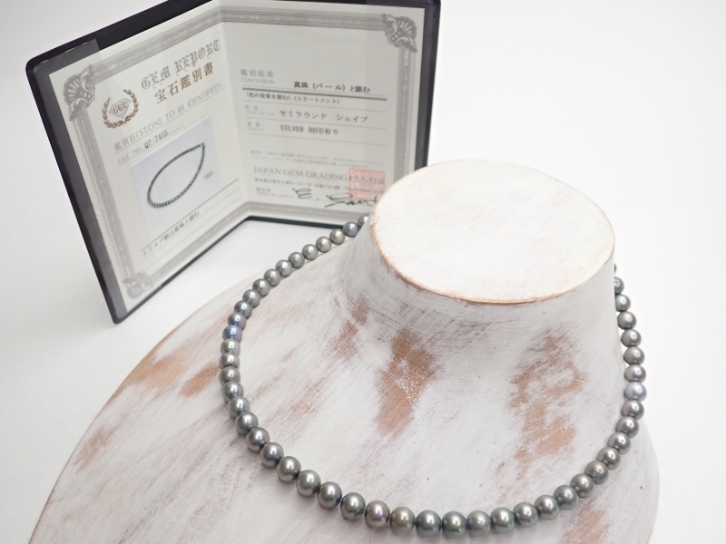 C529　黒 パール ネックレス　真珠　6mm～ 長さ43cm　27.9ｇ　【鑑別書付】　アクセサリー　Pearl Necklace