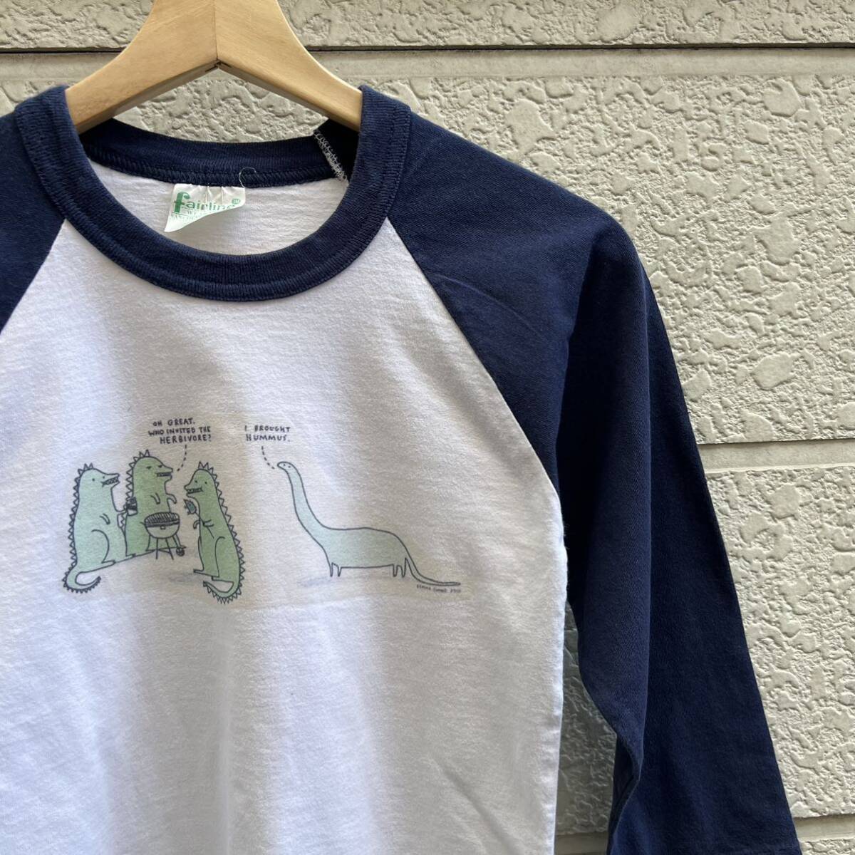 80s 90s USA古着 カナダ製 ラグランスリーブ 7分袖 プリントTシャツ Fairline canada アメリカ古着 vintage ヴィンテージ 恐竜_画像1