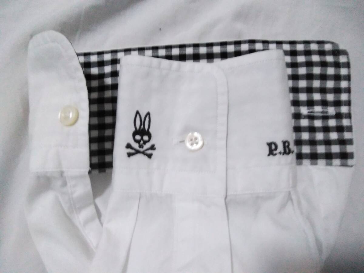 15|38（メンズＳ相等▽Psycho Bunny サイコバニー▽ボタンダウン長袖シャツ／白、白黒ギンガム切替／日本製の画像4