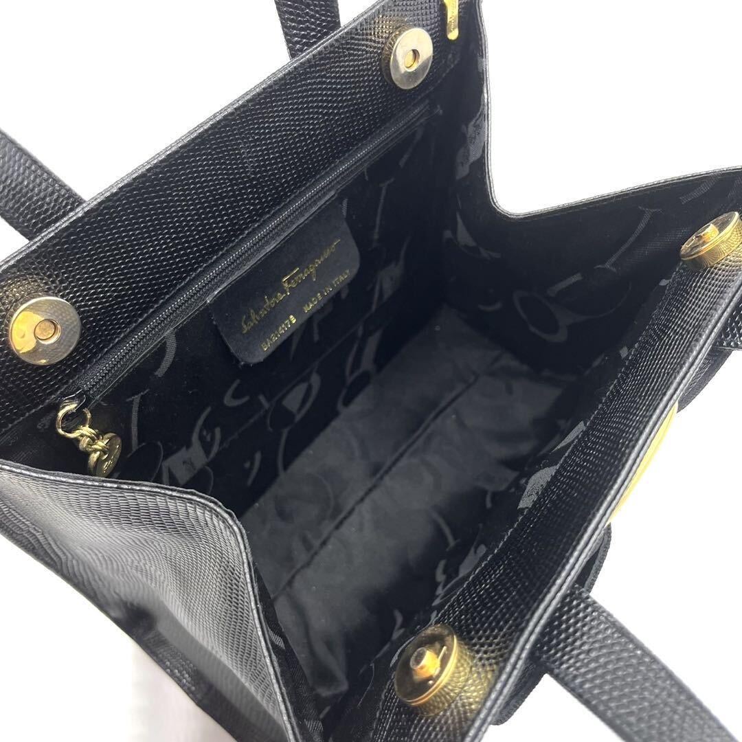 1 jpy / ultimate beautiful goods * Salvatore Ferragamo Ferragamo handbag handbag vala ribbon Logo metal fittings Lizard black black leather 