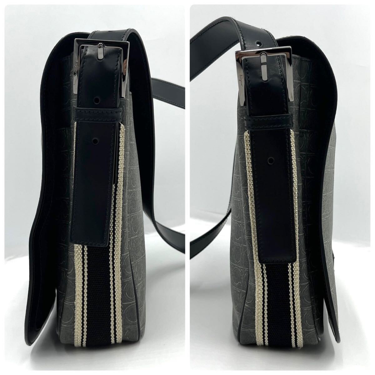 1円/極美品● Salvatore Ferragamo フェラガモ ショルダーバッグ メッセンジャーバッグ ビジネス A4 ガンチーニ 現行 メンズ PVC レザー