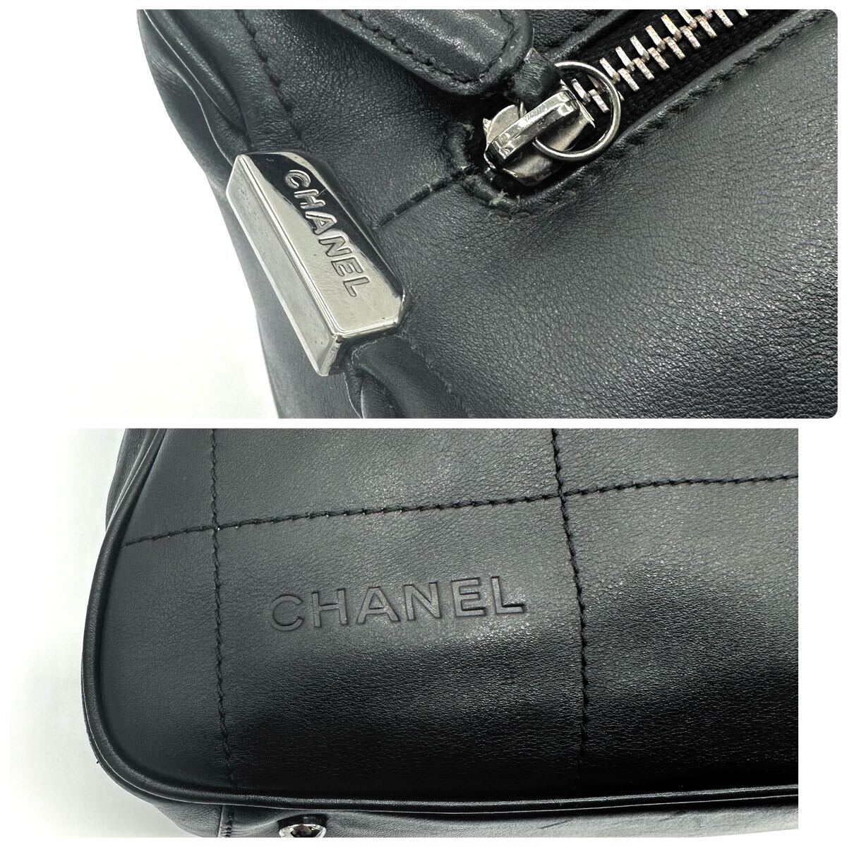 1円/極美品● シャネル CHANEL ハンドバッグ トートバッグ ミニボストン チョコバー ココマーク ロゴ 金具 ステッチ 黒 ブラック レザー