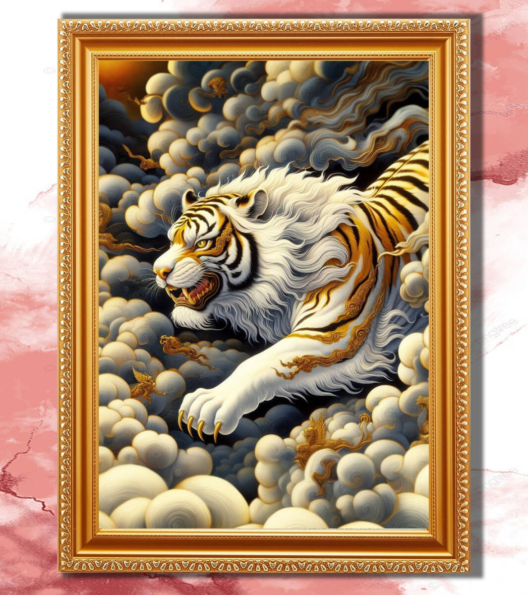 『病魔退散と開運のご利益がある白い鬣の虎』額縁付きスピリチュアルアート _画像1