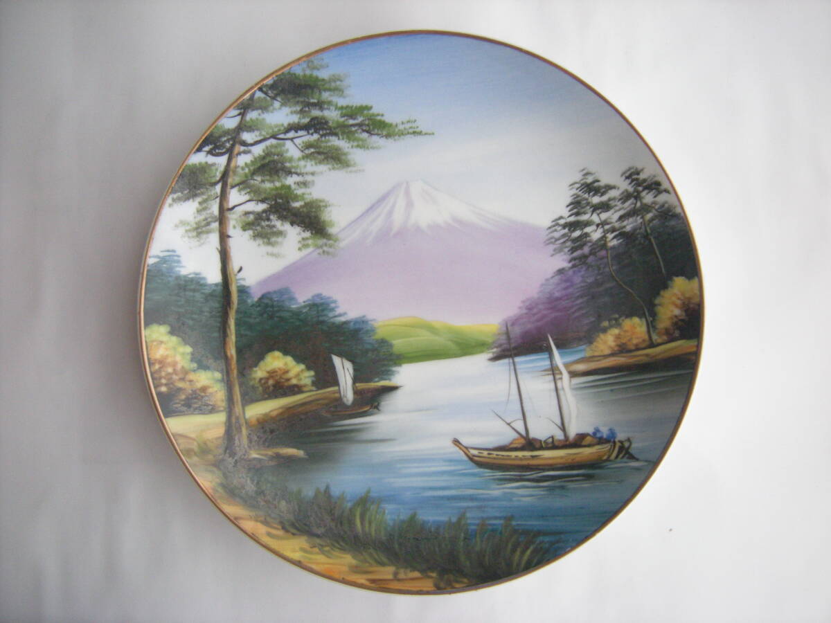 . plate ornament plate Seto . Old Japan ( Old Noritake manner ) hand .. Mt Fuji lake . reverse side seal (HAND PAINTED JAPAN )