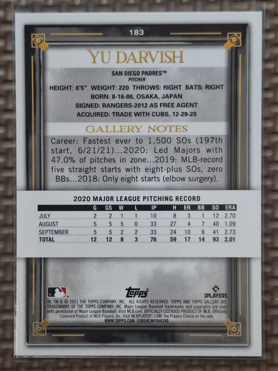 2021 Topps Gallery #183 YU DARVISH San Diego Padres Texas Rangers Hokkaido Nippon Ham Fighters_画像2