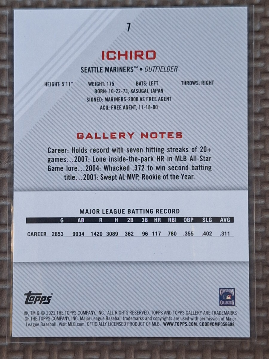 2022 Topps Gallery #7 ICHIRO SUZUKI Seattle Mariners Orix Blue Wave_画像2