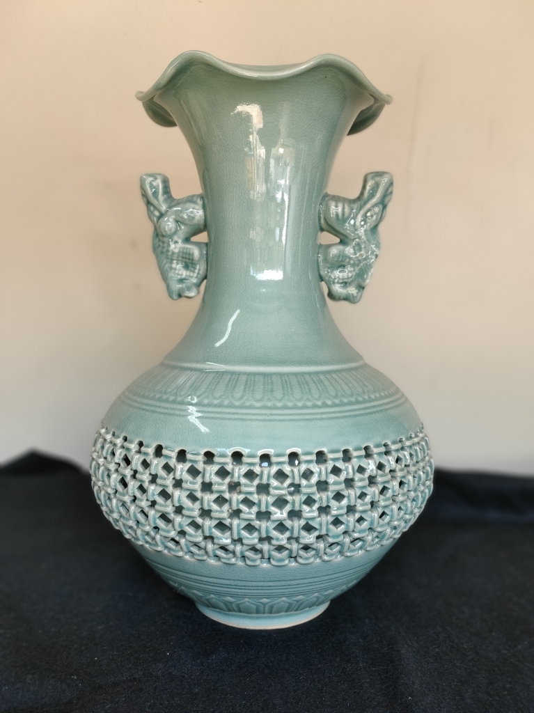 青磁 光成 花器 壺 47cm 高麗 青磁 在銘 骨董 _画像1