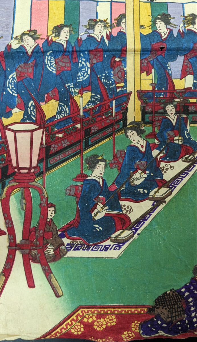 S43015 真作 木版画 浮世絵 錦絵 周廷 伊勢古市踊之図 備前屋桜花樓 大判 時代物_画像8