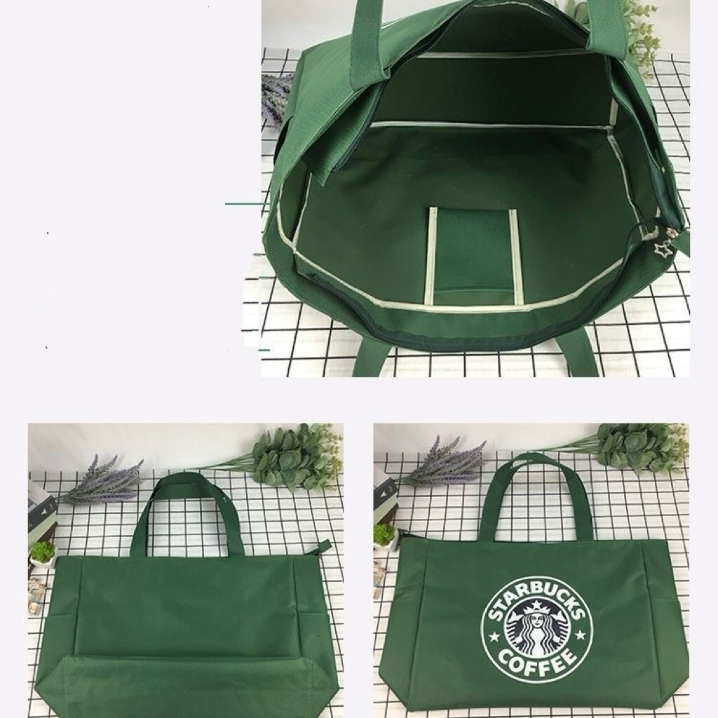 新品 スタバ トートバッグ  エコバック 超ビッグ 買い物袋 グリーン 新品 キャンバス 大人気 開口部ファスナー式 緑の画像5