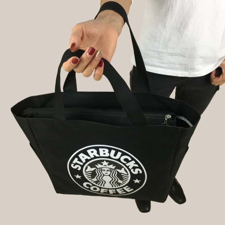 新品スタバ トートバッグ  黒 エコバック ビッグサイズ  買い物袋 ブラック キャンバス 大人気 開口部ファスナー式 の画像2