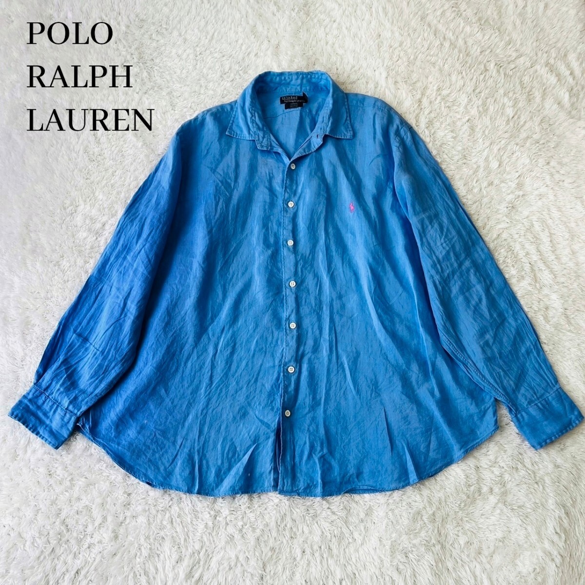 希少 POLO RALPH LAUREN ポロ ラルフローレン シャツ ブラウス 羽織り ボタンダウン ポニー刺繍 オーバー リネン100 麻 3L 2XL 青 ブルー_画像1