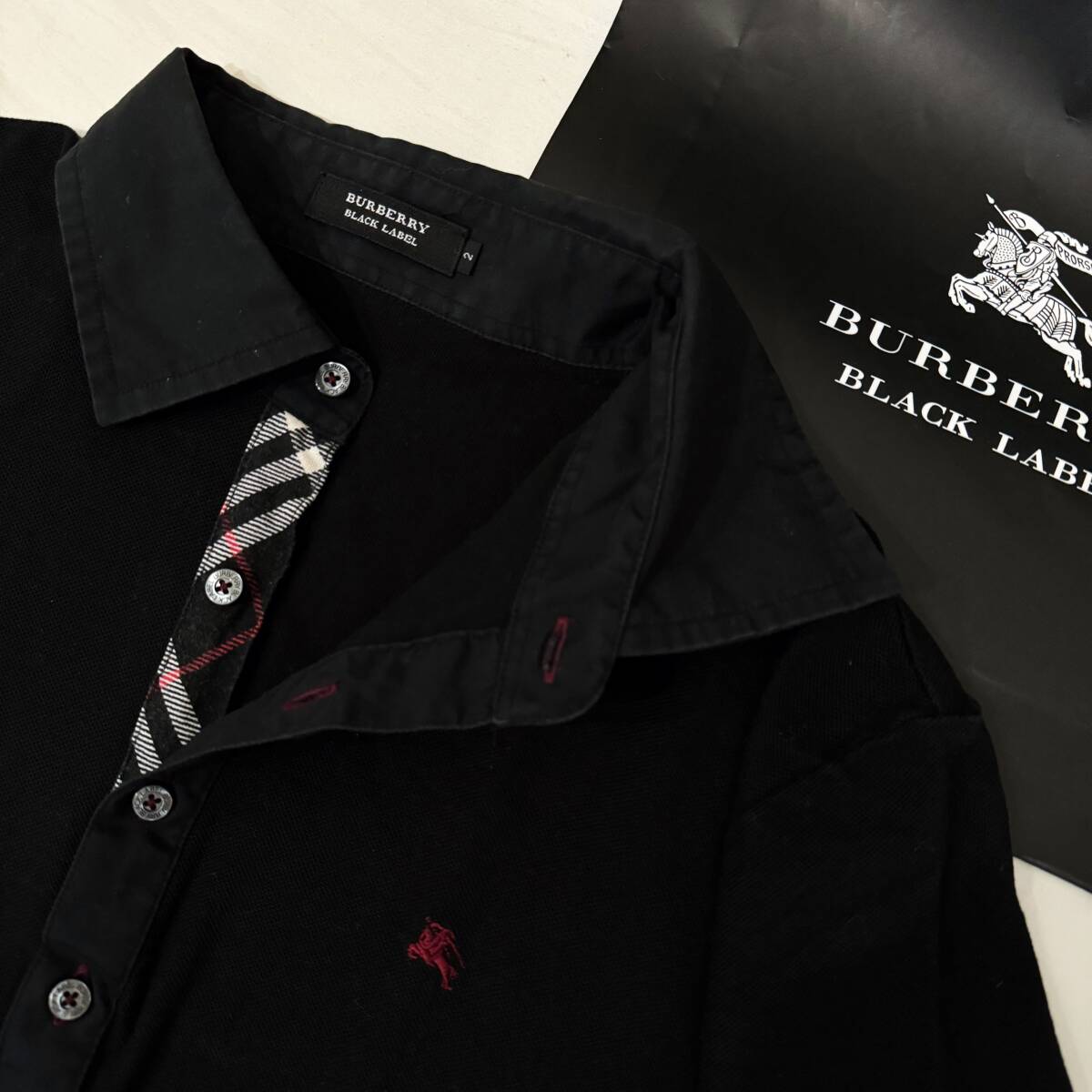  прекрасный наименование товара произведение BURBERRY BLACK LABEL Burberry Black Label рубашка-поло с коротким рукавом олень. . передний .noba проверка шланг вышивка чёрный 2(M) сделано в Японии #2738