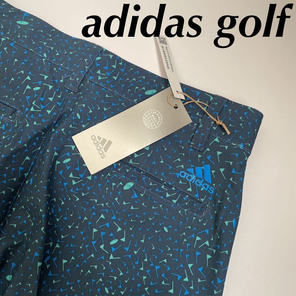 M/79cm 新品定価8990円/adidas golf/アディダス　ゴルフ　メンズ　ストレッチハーフパンツ　ショートパンツ　スラックス　総柄　ネイビー系_画像1