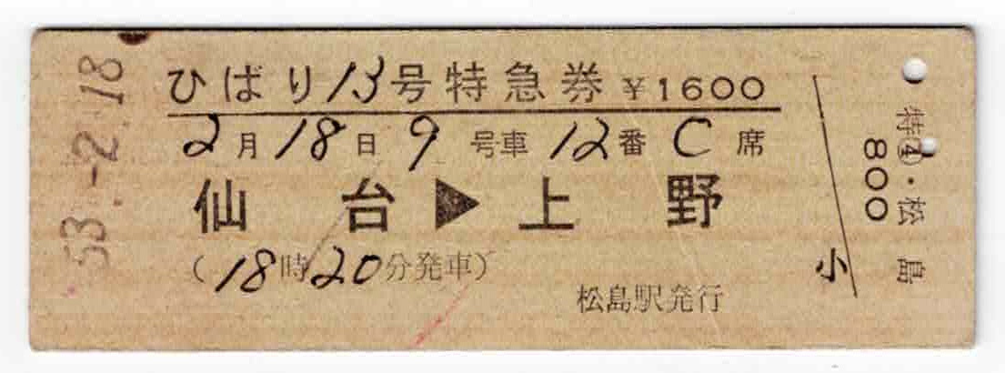 ★国鉄★仙台→上野★ひばり13号★特急券★硬券★松島駅発行★昭和53年の画像1