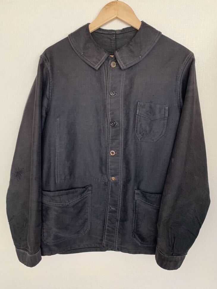 貴重 30s 40s French vintage black moleskin work jacket light weight 6ボタン フレンチ ワークジャケット ブラックモールスキン 丸襟の画像1