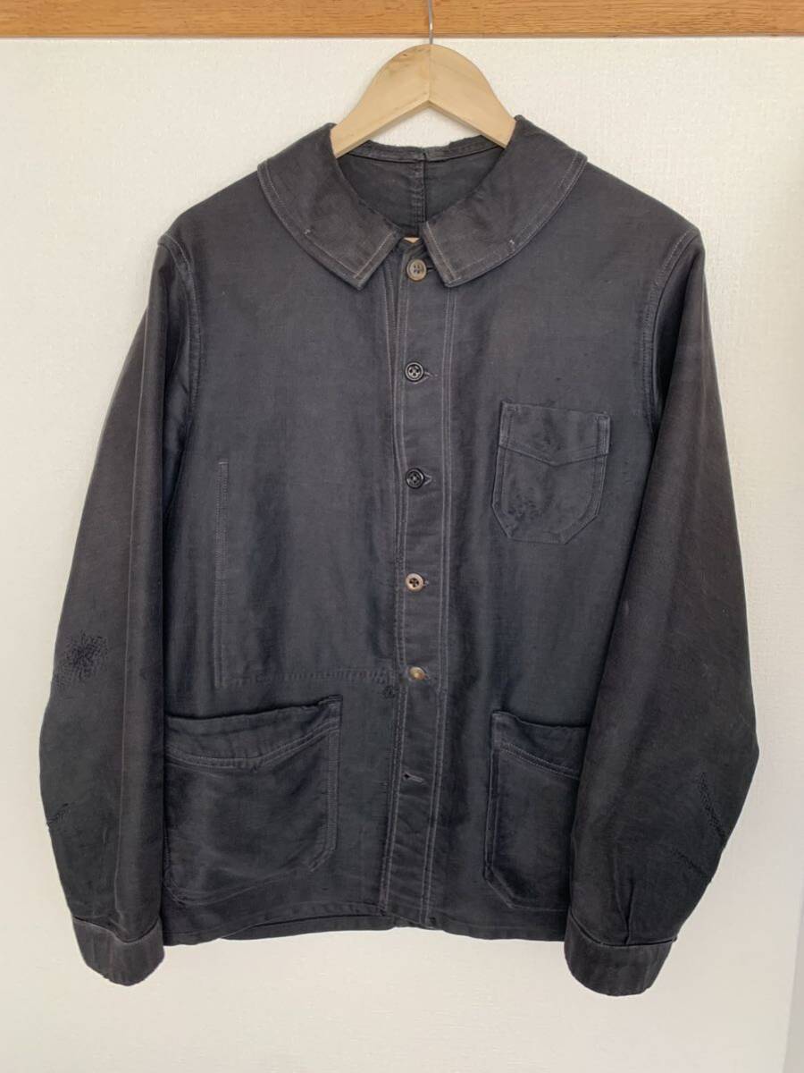 30s 40s French vintage black moleskin work jacket light weight 6buttons ブラックモールスキン ジャケット 6ボタン Vポケット 丸襟の画像8