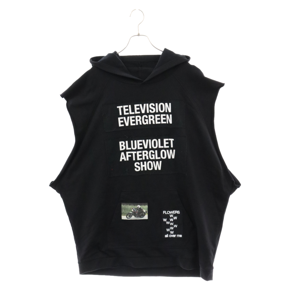 RAF SIMONS ラフシモンズ 21SS TELEVISION EVERGREEN SLEEVELESS HOODIE パッチワークノースリーブパーカー フーディー ブラック 211-M195B