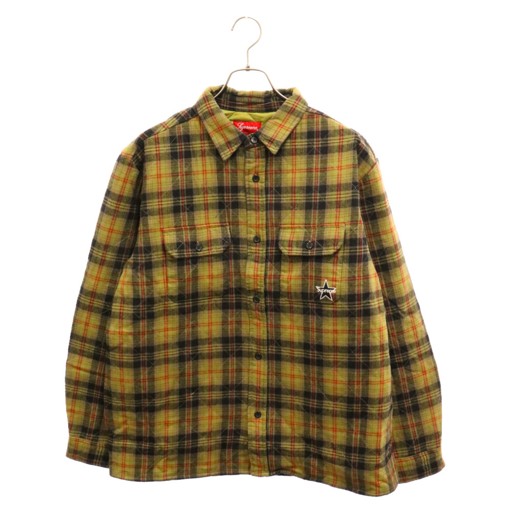 SUPREME シュプリーム 21AW Quilted Plaid Flannel Shirt ロゴ刺繍 キルティング フランネル チェック 長袖シャツ オリーブ_画像1