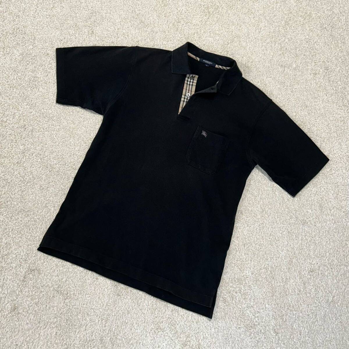 BURBERRY London バーバリーロンドン　半袖ポロシャツ　ワンポイントホースロゴ刺繍　チェック柄　ブラック_画像1