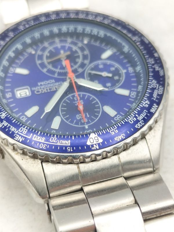 C89 1円~ 不動品※ベルト外れ※ セイコー SEIKO クロノグラフ CHRONOGRAPH 7T92-0CF0 クオーツ デイト 腕時計 青文字盤 ステンレス メンズ_画像3