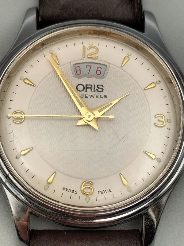 C145 1円～ 稼動品 オリス ORIS 7429 クラシック 手巻き デイト 17石 腕時計 シルバー文字盤 ステンレス シルバーカラー メンズ 社外ベルトの画像6