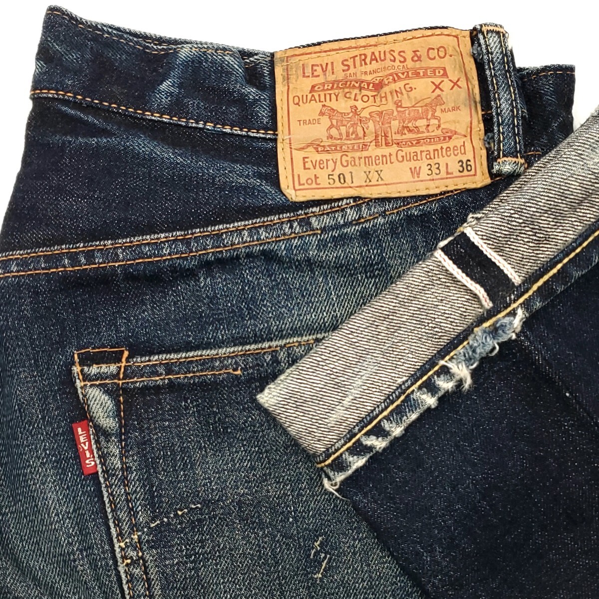 大きめサイズW33◆Levi's 55501◆日本製ビンテージ加工復刻ジーンズBIGEリーバイス赤耳ビッグEメンズデニム501XXレプリカLVC鬼ひげ 787_画像1