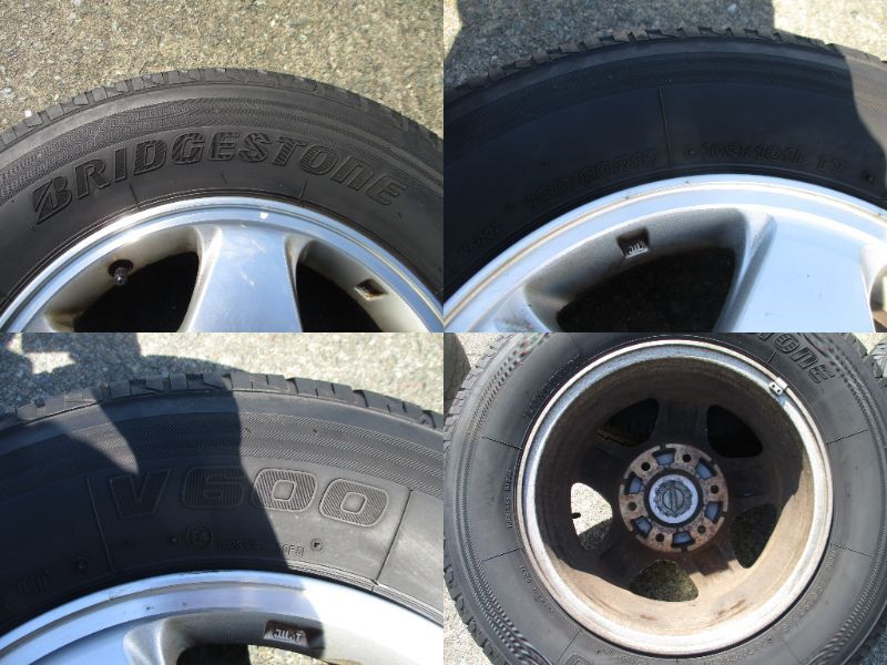 ▽F1014【2019年製造・溝あり】アルミホイール 6穴 PCD139 ラジアルタイヤ付き 4本set BRIDGESTONE V600 195/80R15 103/101L LTの画像2