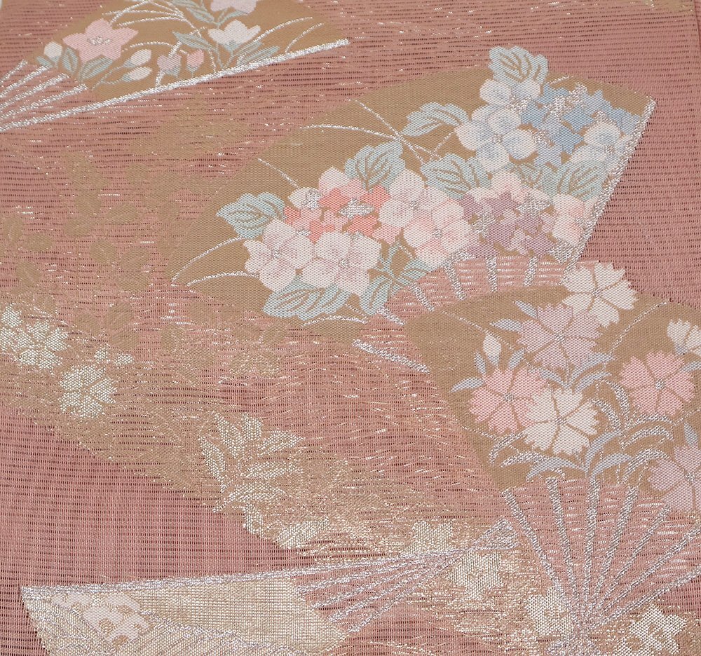 訪問着用 絽 袋帯 正絹 濃いピンク 金箔 花扇子 菊 桔梗 撫子 Lサイズ F7154 美品 夏帯 盛夏 単衣 レディース 6月7月8月9月 送料込み_画像3