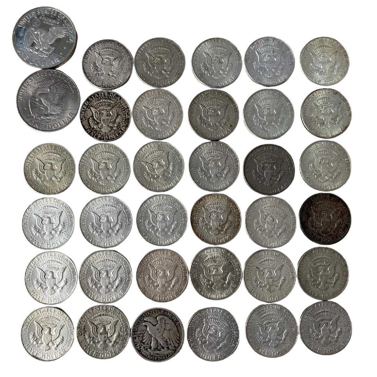 1円 ケネディ ハーフダラー ワンダラー 銀貨など 32枚セット おまとめ 1964年-1969年 1971年 総重量429.7ｇの画像2